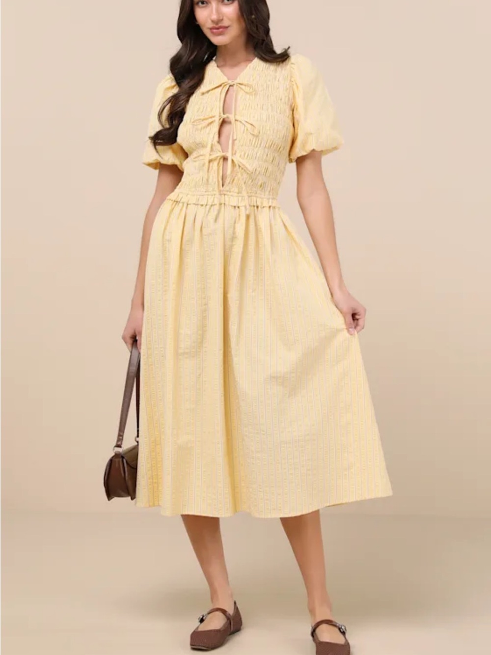 Extro&Vert Smocked Tie-Front Midi Dress in Pale Yellow